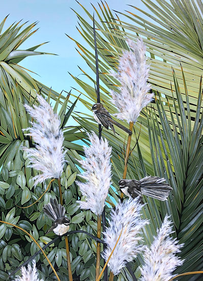 Kirsty Nixon nz bird artist, piwakawaka, acrylic on canvas