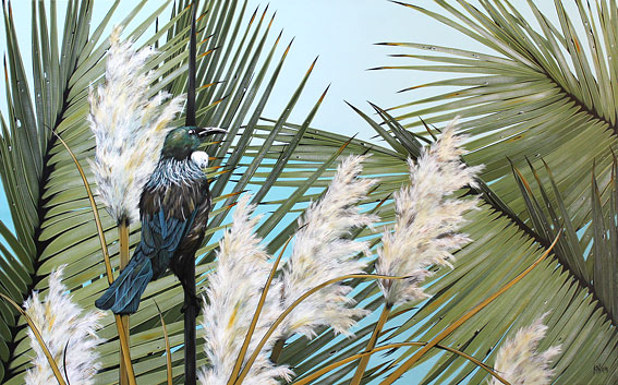 Kirsty Nixon nz bird artist, isolation tui, acrylic on canvas