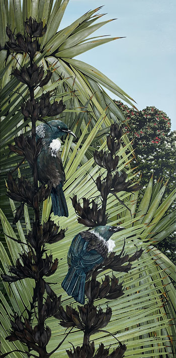 Kirsty Nixon nz bird artist, tui sound, acrylic on canvas