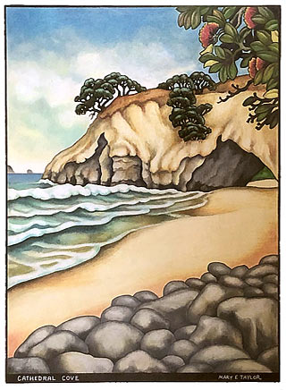 Mary Taylor nz original art, Cathedral Cove